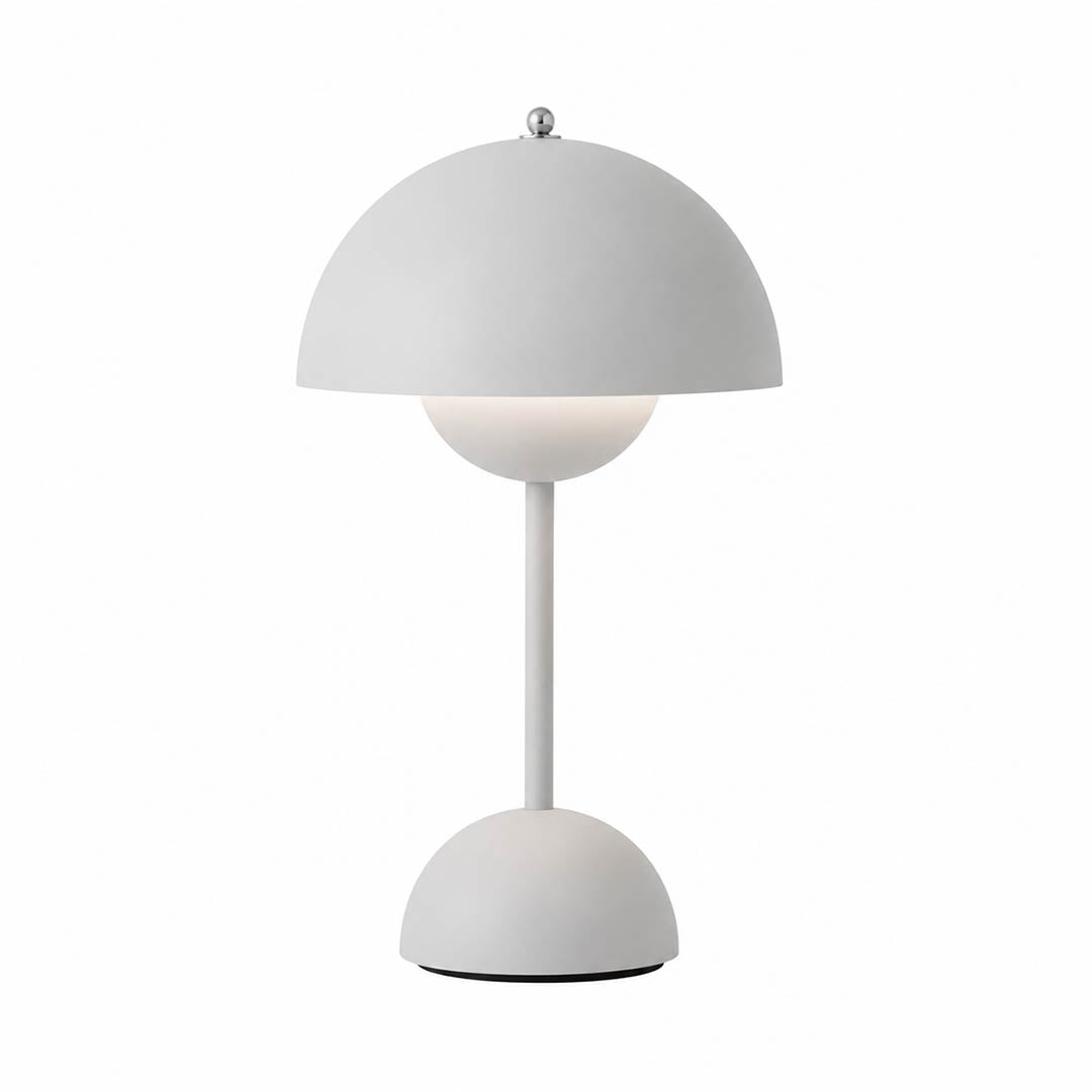 Poppy VP9 style cordless mushroom table lamp Mid Century designer tribute touch dimming rechargeable white background