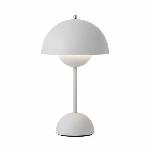 Poppy VP9 style cordless mushroom table lamp Mid Century designer tribute touch dimming rechargeable white background