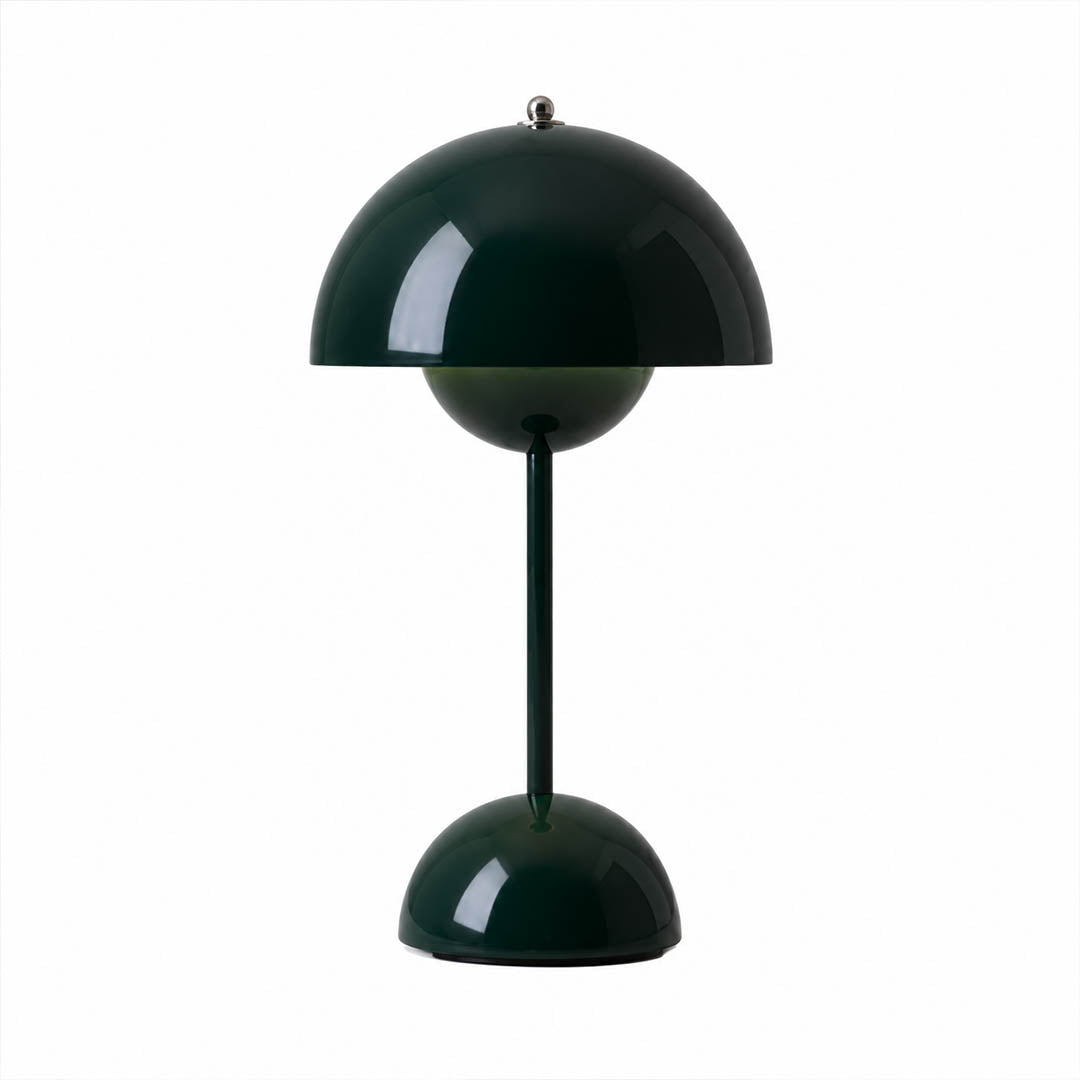 Poppy VP9 style cordless mushroom table lamp Mid Century designer tribute touch dimming rechargeable white background