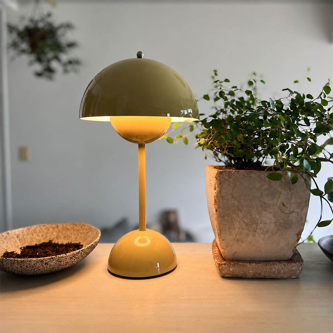 Poppy Klein Blue VP9 cordless mushroom lamp bedside Y2K revival modern bedroom Mid Century designer warm glow lifestyle interior