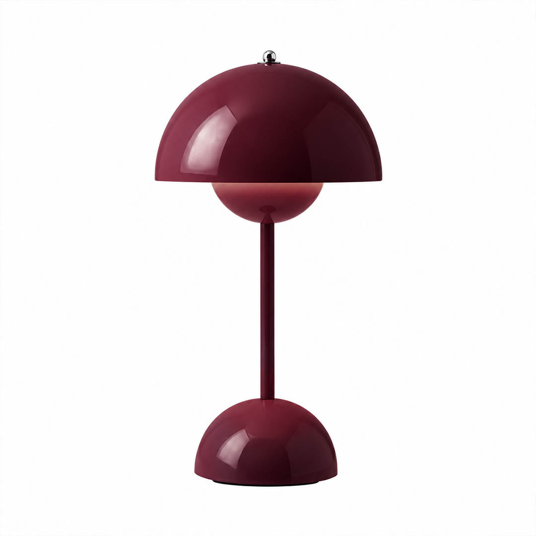 Poppy VP9 style cordless mushroom table lamp Mid Century designer tribute touch dimming rechargeable white background