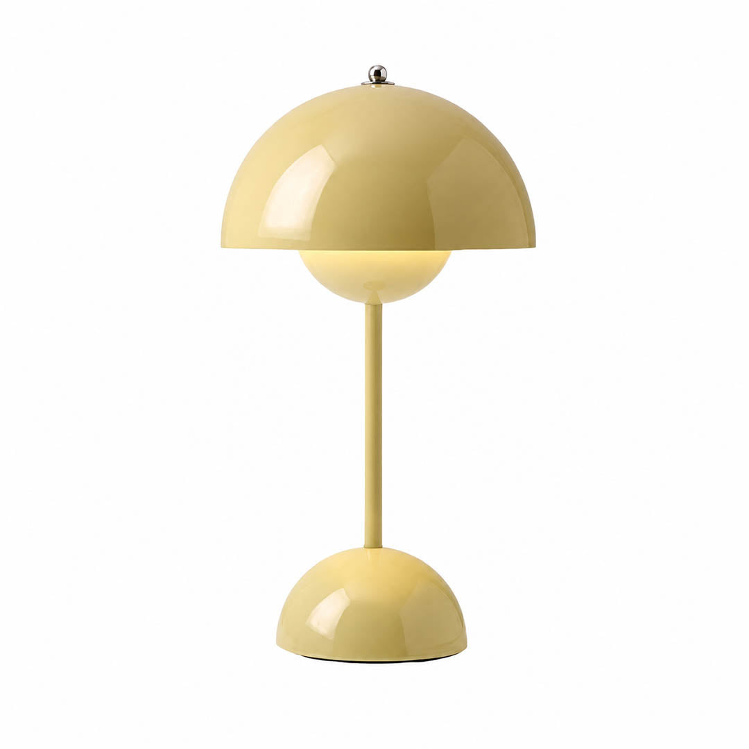 Poppy VP9 style cordless mushroom table lamp Mid Century designer tribute touch dimming rechargeable white background