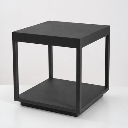 Close-up of the square stainless steel frame and acrylic diffuser of the Quadro outdoor post light