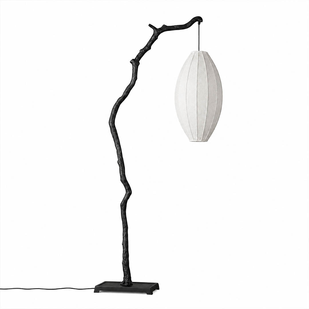 Ramo floor lamp black finish short 68.8 inch sculptural tree branch resin frame oval fabric shade Japandi wabi-sabi organic modern corner statement white background