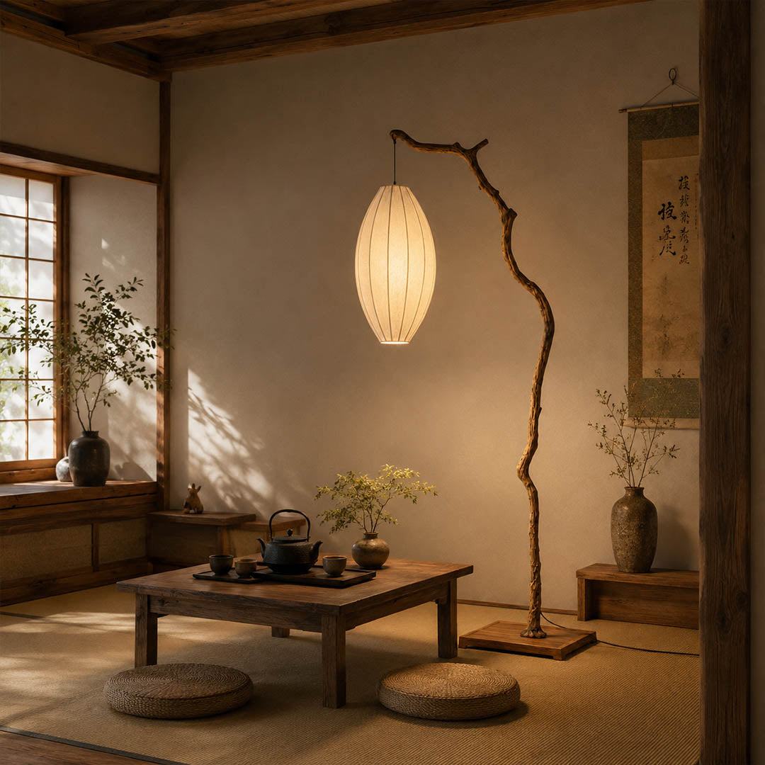 Ramo floor lamp matched pair black brown open plan modern American home living room dining coordinated sculptural tree branch statement Japandi wabi-sabi organic sophisticated American home lifestyle interior