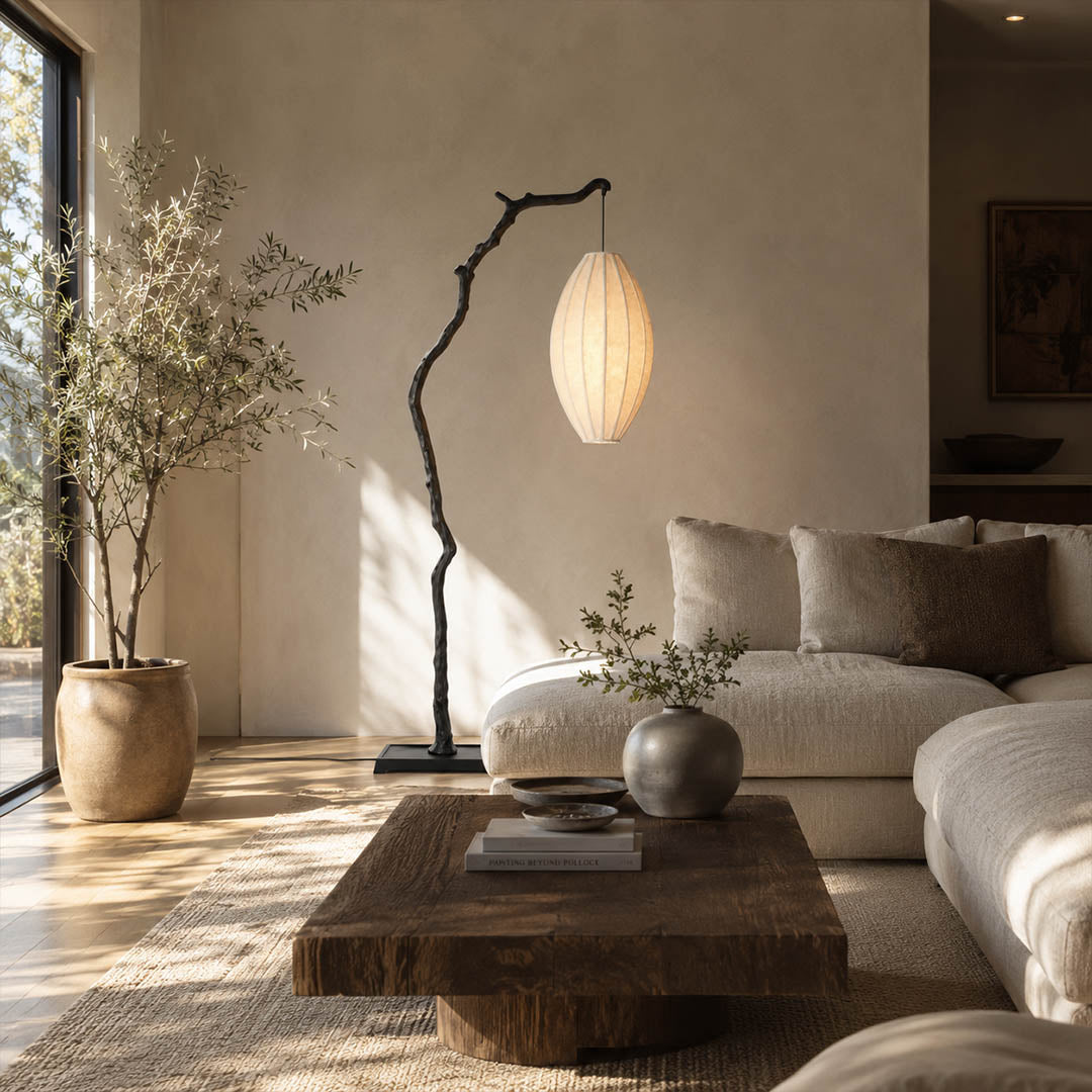 Ramo floor lamp black modern living room corner sofa side sculptural tree branch resin frame Japandi wabi-sabi organic warm ambient statement sophisticated American home lifestyle interior