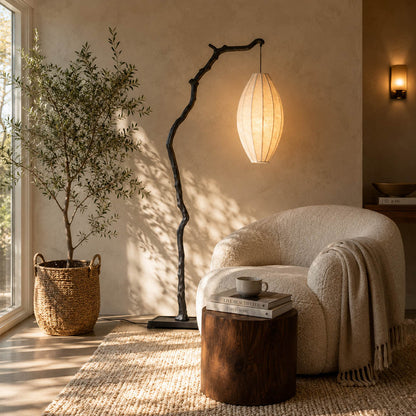 Ramo floor lamp brown modern living room reading armchair corner sculptural tree branch resin frame Japandi wabi-sabi organic warm ambient intimate sophisticated American home lifestyle interior