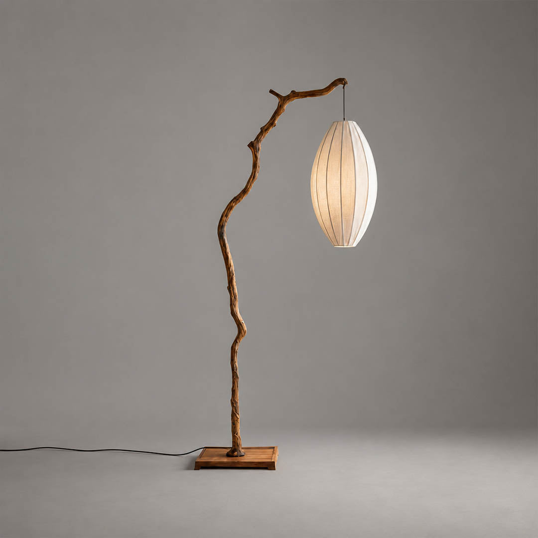 Ramo floor lamp brown finish short 68.8 inch sculptural tree branch resin frame oval fabric shade Japandi wabi-sabi organic modern corner statement white background