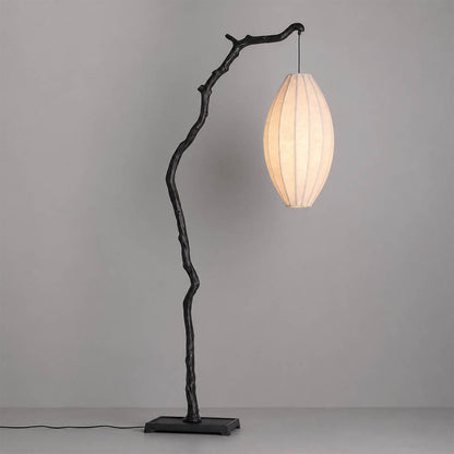 Ramo floor lamp black finish tall 78.7 inch sculptural tree branch resin frame oval fabric shade Japandi wabi-sabi organic modern corner statement white background