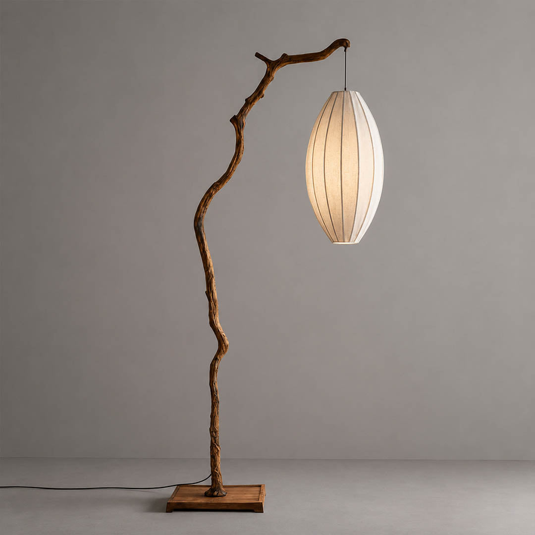 Ramo floor lamp brown finish tall 78.7 inch sculptural tree branch resin frame oval fabric shade Japandi wabi-sabi organic modern corner statement white background