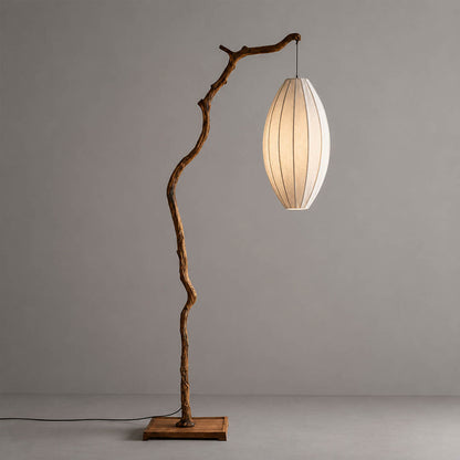 Ramo floor lamp brown finish tall 78.7 inch sculptural tree branch resin frame oval fabric shade Japandi wabi-sabi organic modern corner statement white background
