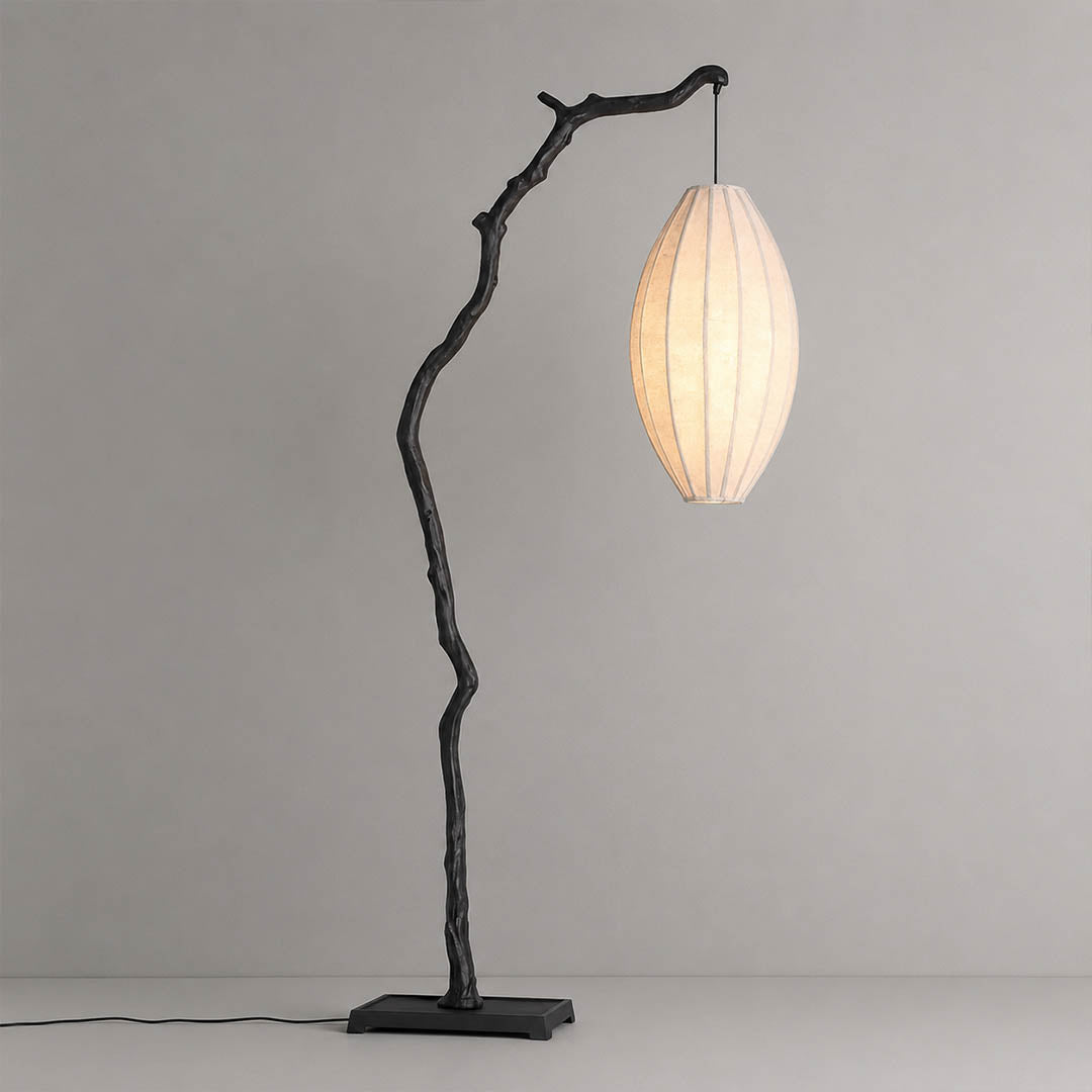 Ramo floor lamp black finish short 68.8 inch sculptural tree branch resin frame oval fabric shade Japandi wabi-sabi organic modern corner statement white background