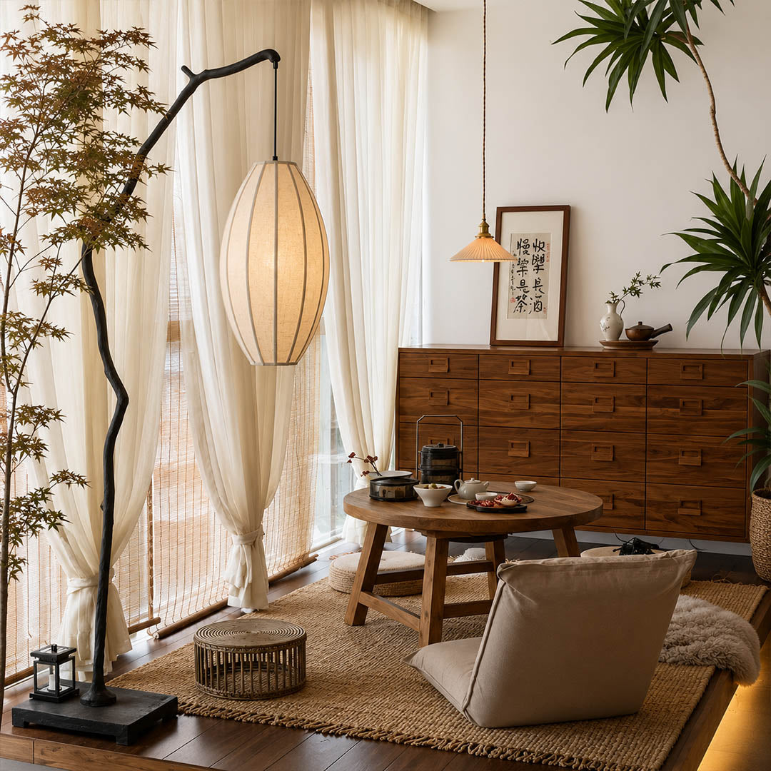 Ramo floor lamp brown modern living room reading armchair corner sculptural tree branch resin frame Japandi wabi-sabi organic warm ambient intimate sophisticated American home lifestyle interior