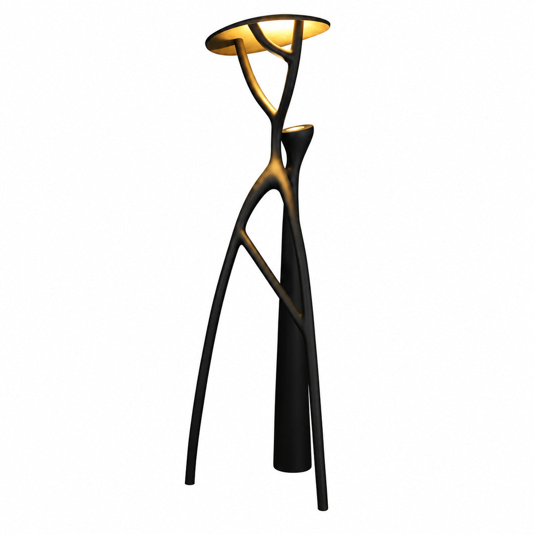 Ramo sculpture floor lamp with an intricate gothic tree-branch form glowing warm in a modern living room