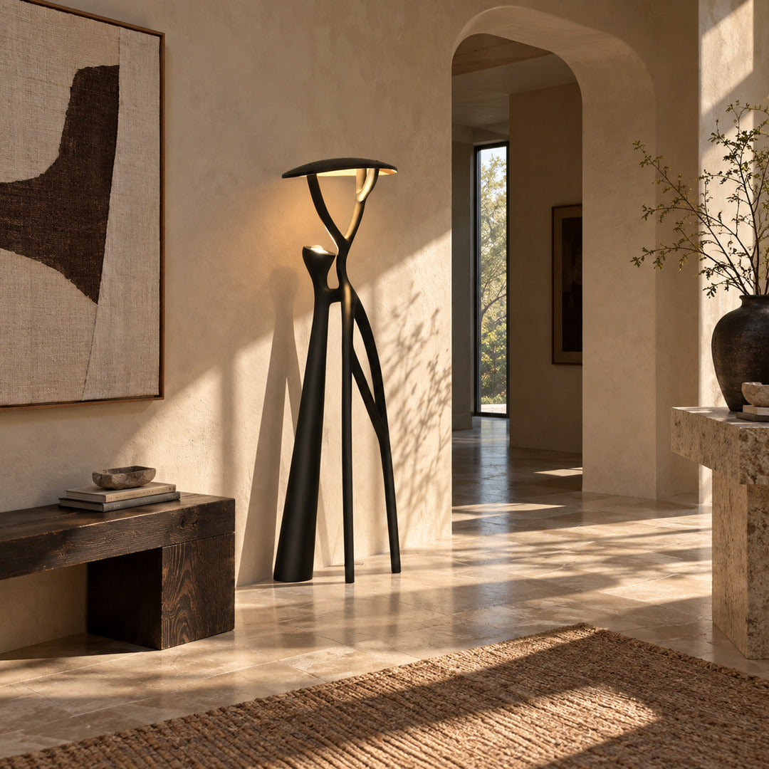 Ramo tree sculpture floor lamp welcoming guests with a dramatic branching silhouette in an entryway