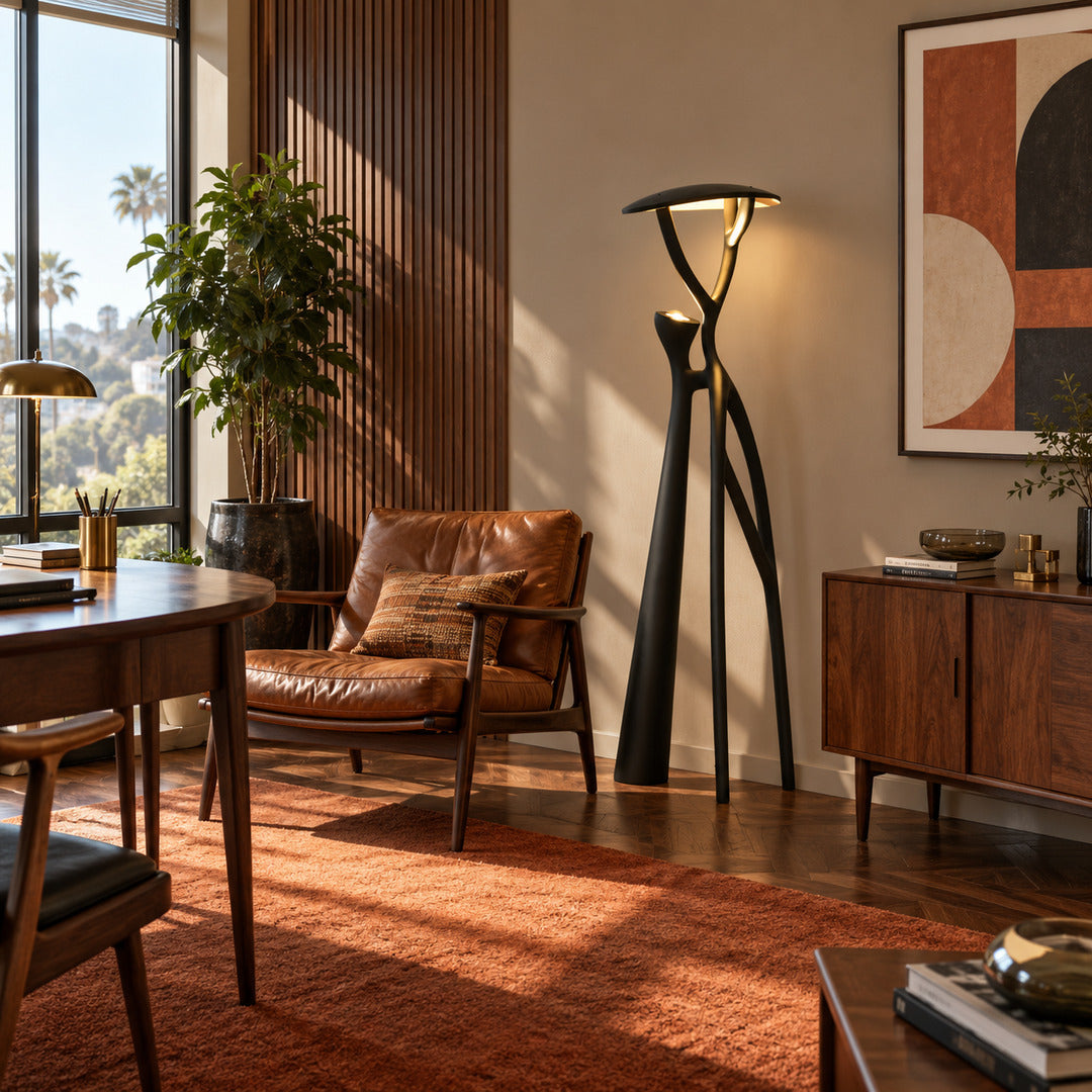 Ramo tree sculpture floor lamp casting a soft warm glow over a corner reading chair