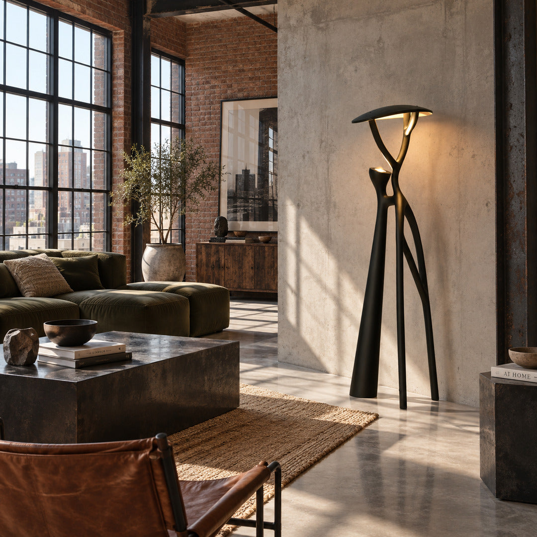 Ramo tree sculpture floor lamp filling a living room corner with a warm sculptural glow