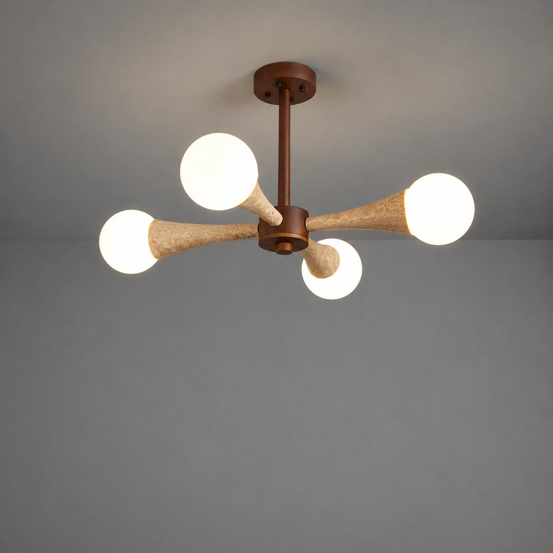Ramo travertine chandelier walnut wood color finish travertine stone shades detail reference