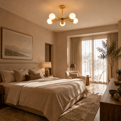 Ramo travertine chandelier bedroom warm glow travertine stone wood branching cozy American home lifestyle interior styled