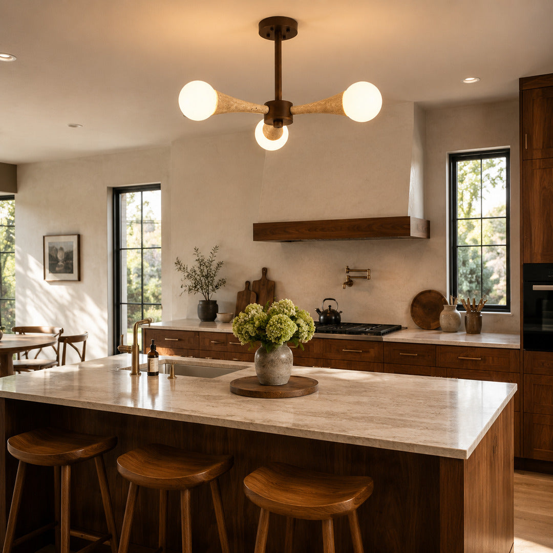 Ramo travertine chandelier kitchen island warm glow travertine stone wood multi head American home lifestyle interior styled