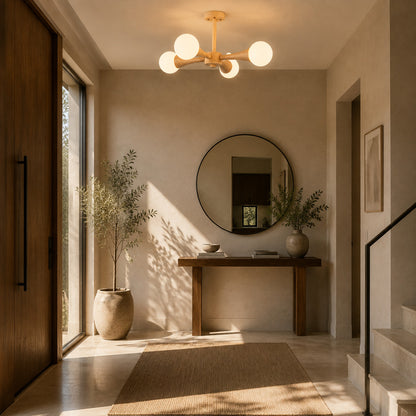 Ramo travertine chandelier double height foyer entryway warm glow travertine stone wood statement American home lifestyle interior styled