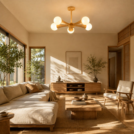 Ramo travertine chandelier living room warm glow travertine stone wood branching sculptural American home lifestyle interior styled