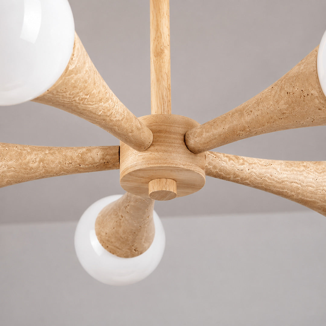 Ramo travertine chandelier walnut wood branching frame grain detail junction close up
