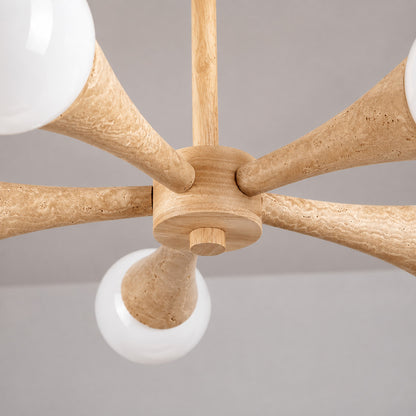 Ramo travertine chandelier walnut wood branching frame grain detail junction close up