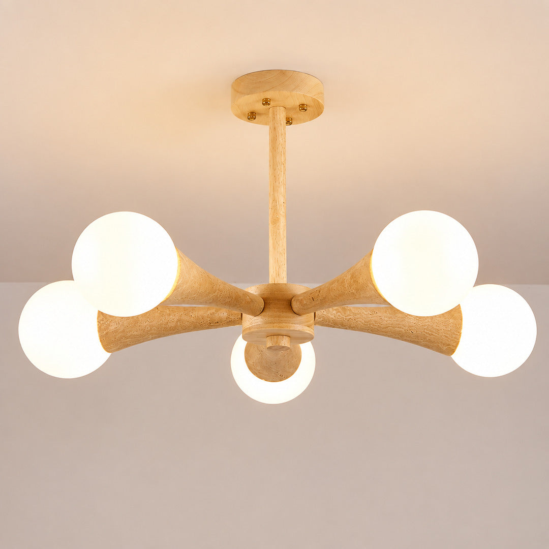 Ramo travertine chandelier walnut wood branching frame grain detail junction close up