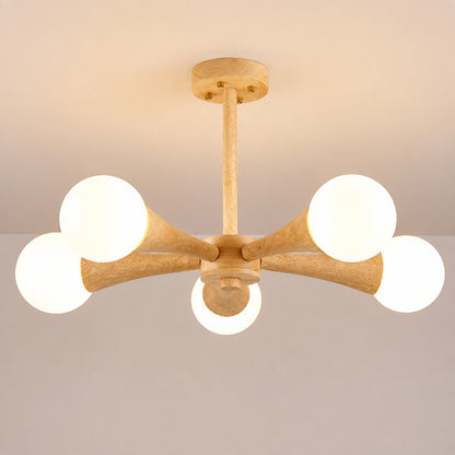 Ramo travertine chandelier walnut wood branching frame grain detail junction close up