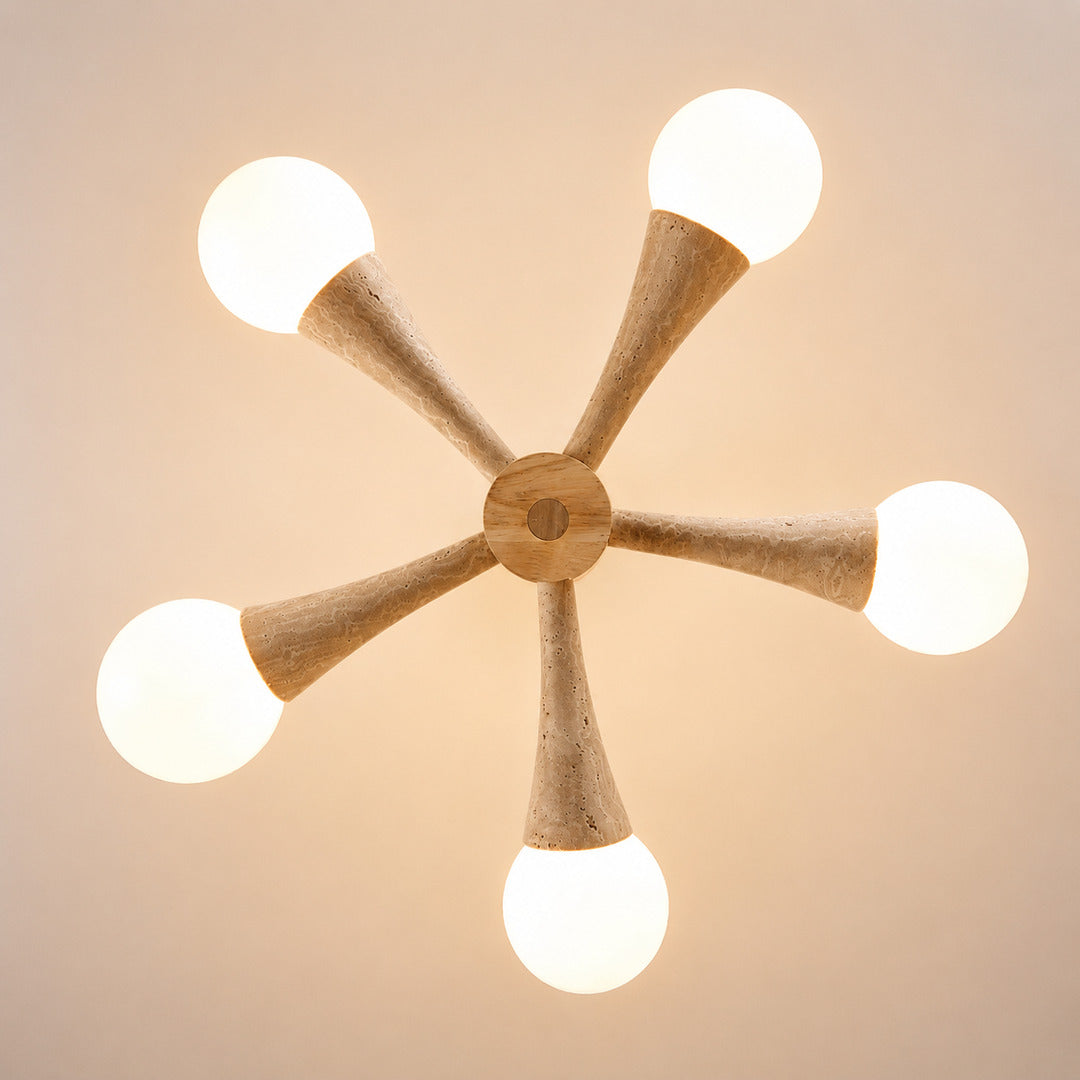 Ramo travertine chandelier yellow travertine natural stone veining porous texture shade detail close up unique