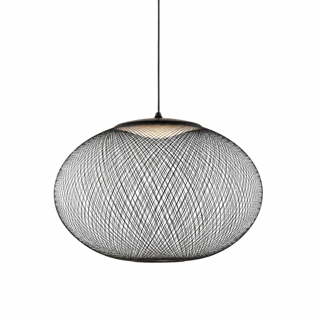 Reticella mesh pendant light with an iron lattice shade and glowing glass diffuser over a kitchen island