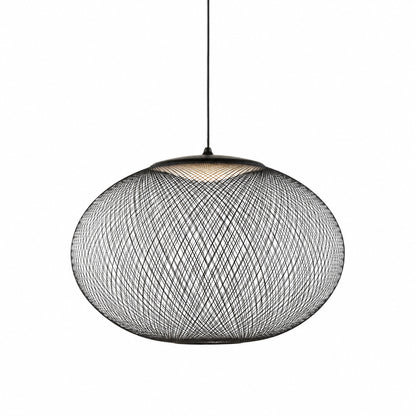 Reticella mesh pendant light with an iron lattice shade and glowing glass diffuser over a kitchen island