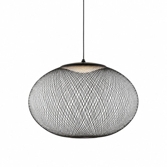 Reticella mesh pendant light with an iron lattice shade and glowing glass diffuser over a kitchen island