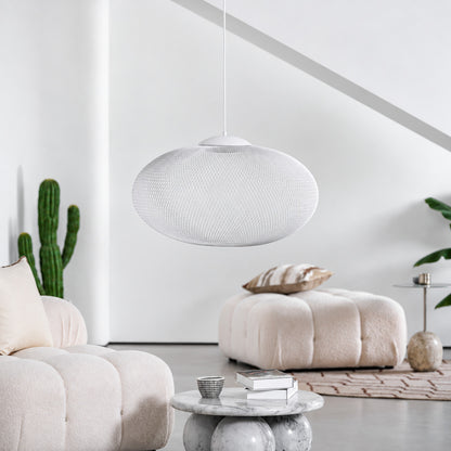 Reticella mesh pendant lights over a breakfast bar with a warm glow