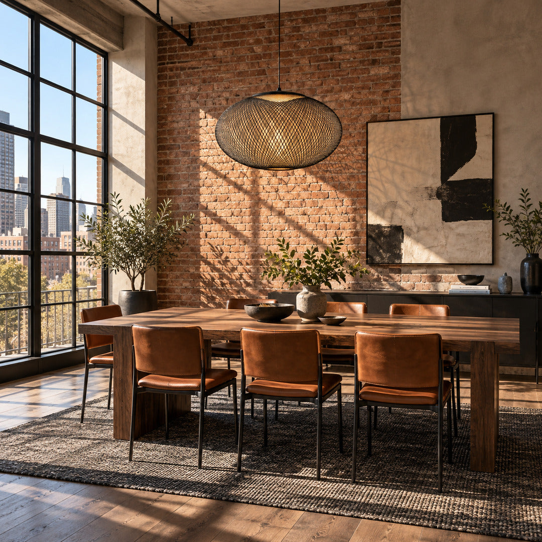 Row of Reticella mesh pendant lights over tables in an industrial-style restaurant