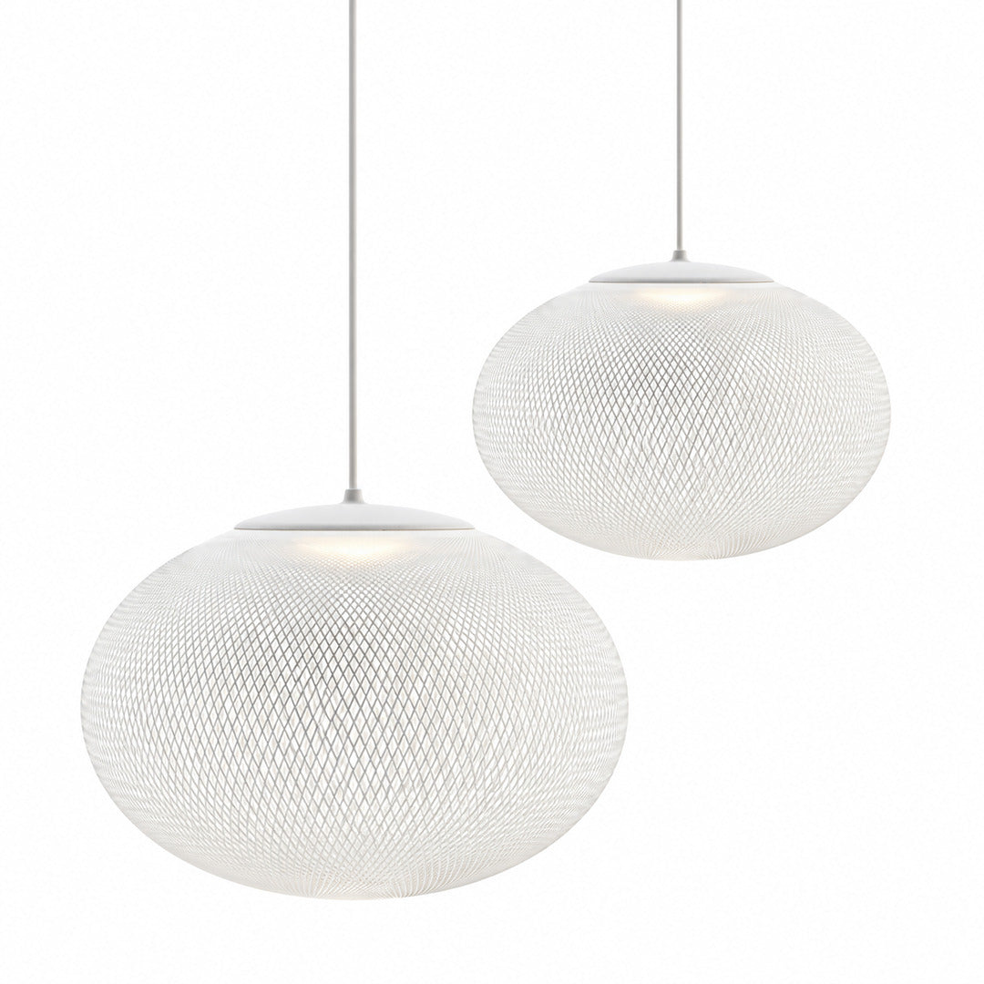 Two-head cluster of Reticella mesh pendant lights in mixed sizes over a kitchen island