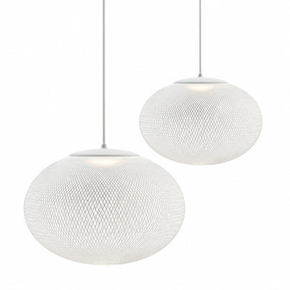 Two-head cluster of Reticella mesh pendant lights in mixed sizes over a kitchen island