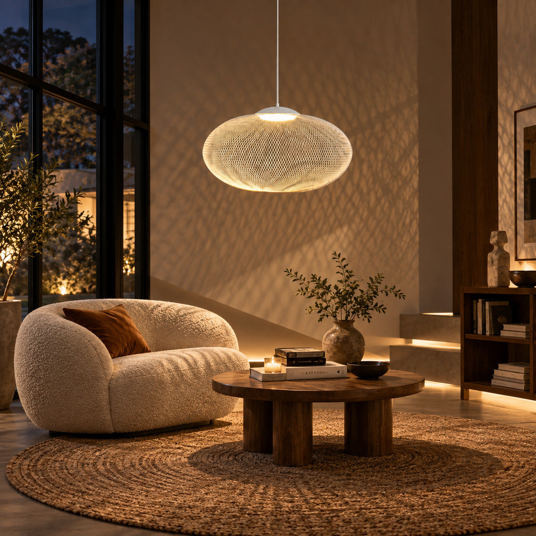 Cluster of Reticella mesh pendant lights as a focal point in a modern hotel lobby