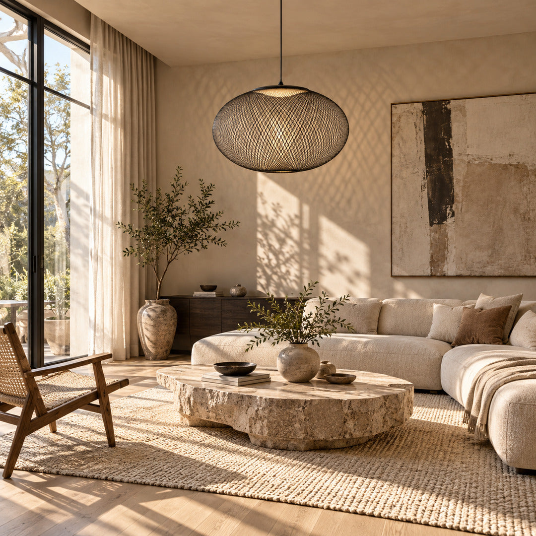 Large Reticella mesh pendant light as a sculptural centerpiece in a living room