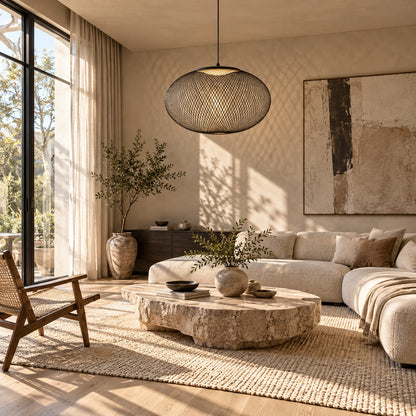 Large Reticella mesh pendant light as a sculptural centerpiece in a living room