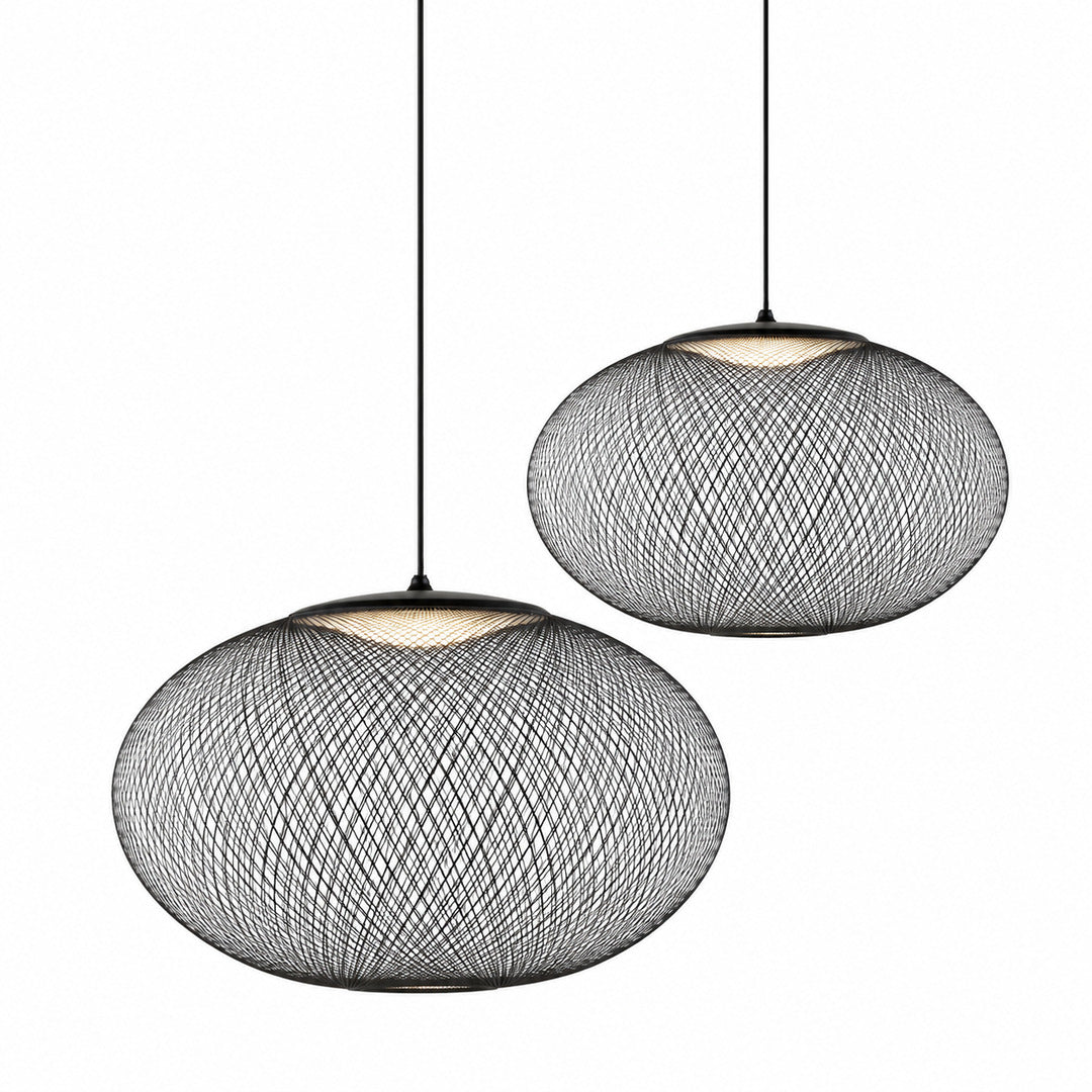 Two-head cluster of Reticella mesh pendant lights in mixed sizes over a kitchen island