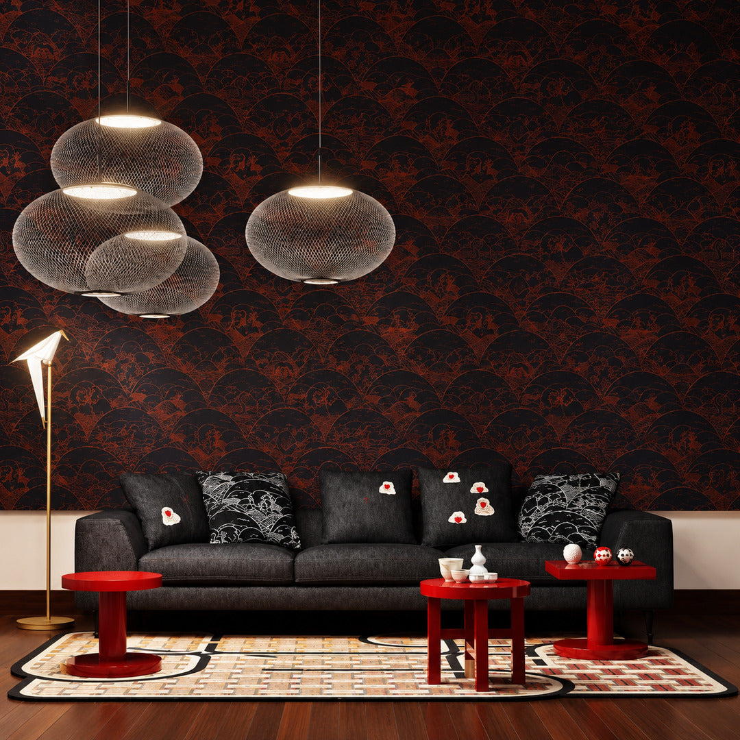 Large Reticella mesh pendant light as a sculptural centerpiece in a living room