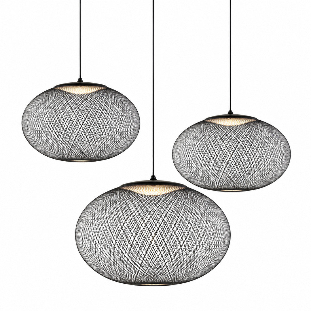 Three-head cluster of Reticella mesh pendant lights over a long dining table