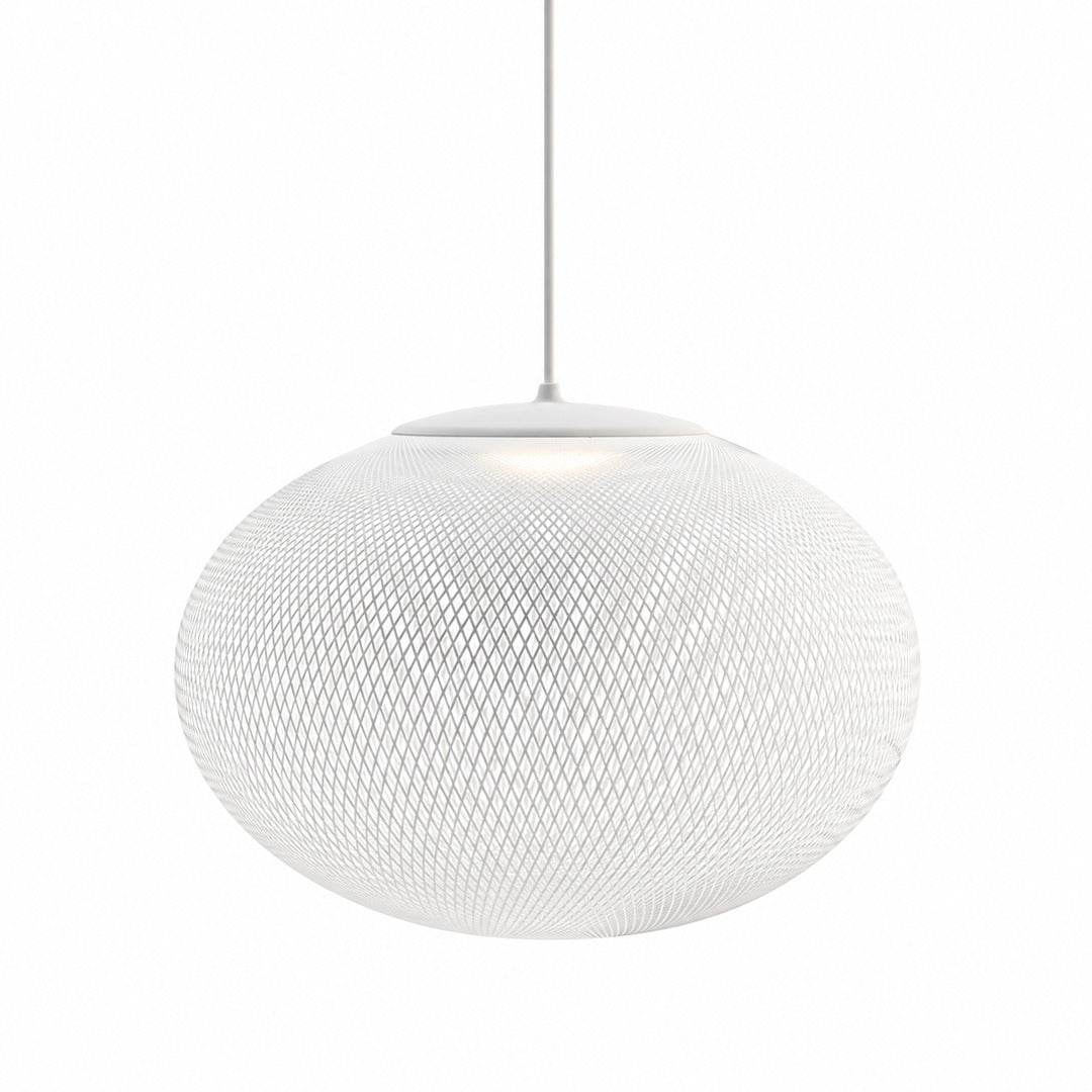 Large 27.6-inch white Reticella mesh pendant light as a statement ceiling piece in a living room