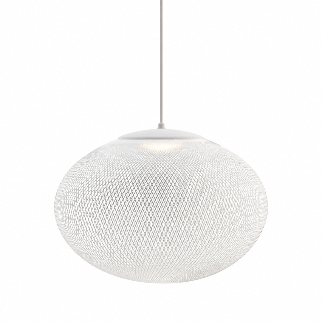 Medium 19.7-inch white Reticella mesh pendant light centered over a dining table