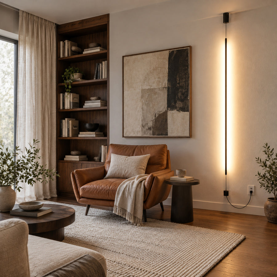 Riga LED tube lamp running floor to ceiling beside a linen sofa in a minimalist living room