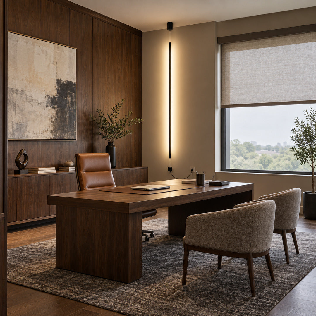 Riga slim LED tube lamp in the corner of a modern office lounge