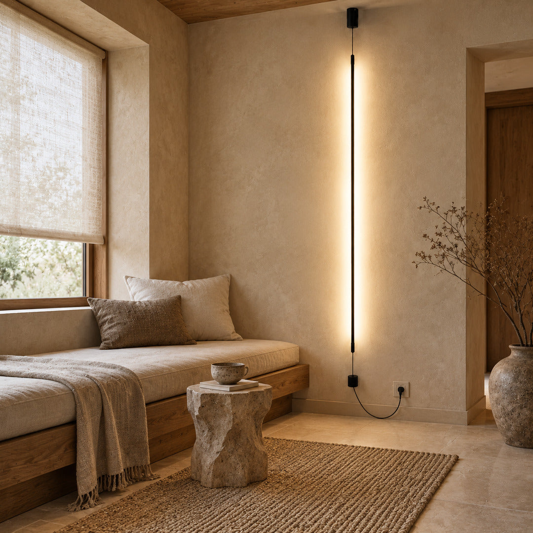 Riga LED tube lamp in a calm Japandi living room with low oak furniture