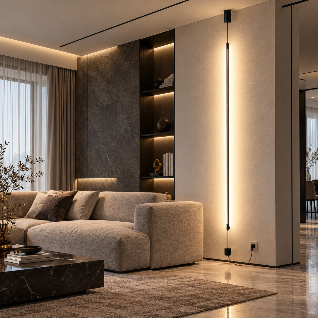 Riga floor to ceiling lamp drawing a warm vertical line behind a low sectional sofa